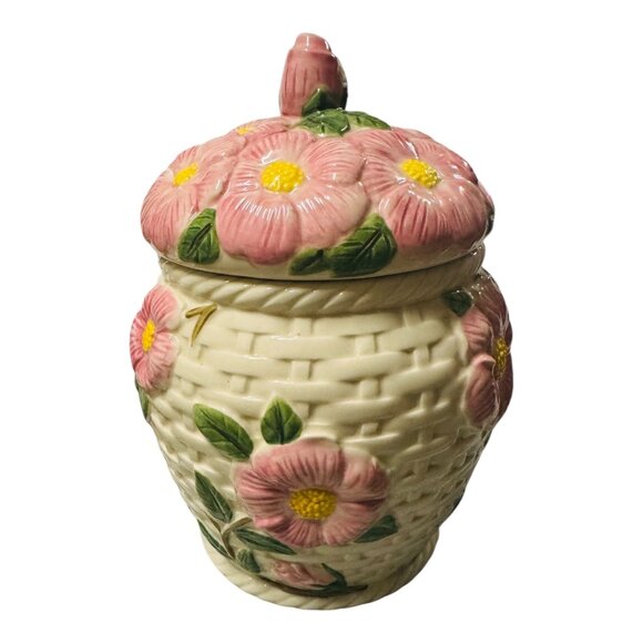 Vintage Fitz & Floyd Floral Ceramic Cookie Jar W Lid - Pink Flower Basket Design - Picture 8 of 8